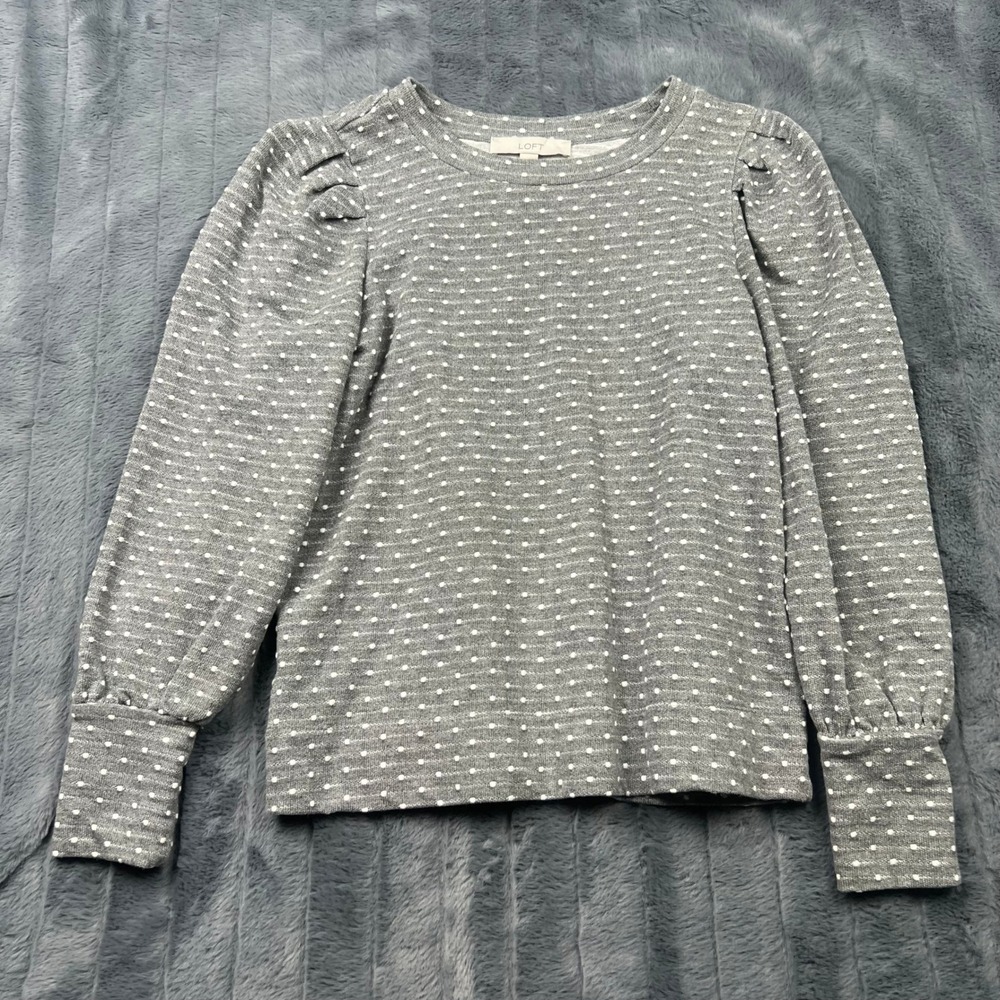 Loft Womens XS Gray Polka Dot Puff Sleeve Sweatshirt Top RN140923